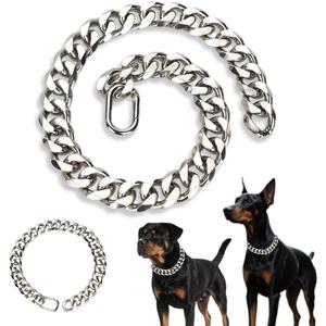Silver Dog Collar Cuban Link Dog Chain Collar Durable Metal with Buckle Fixed Length Thick Pet Necklace for Small Medium Dogs (19MM, 16 Inch)