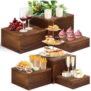 6 Pack Wooden Risers Display Stands Rustic Wood Cake & Cupcake Stands for Party Square Food Risers for Buffet Wooden Crates for Display Home Decor (Brown)