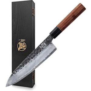 MITSUMOTO SAKARI 8 inch Gyuto Chef Knife, Japanese Hand Forged Kitchen Chef's Knives, 3-Layer 9CR18MOV High Carbon Steel, Rosewood Handle & Sandalwood Box