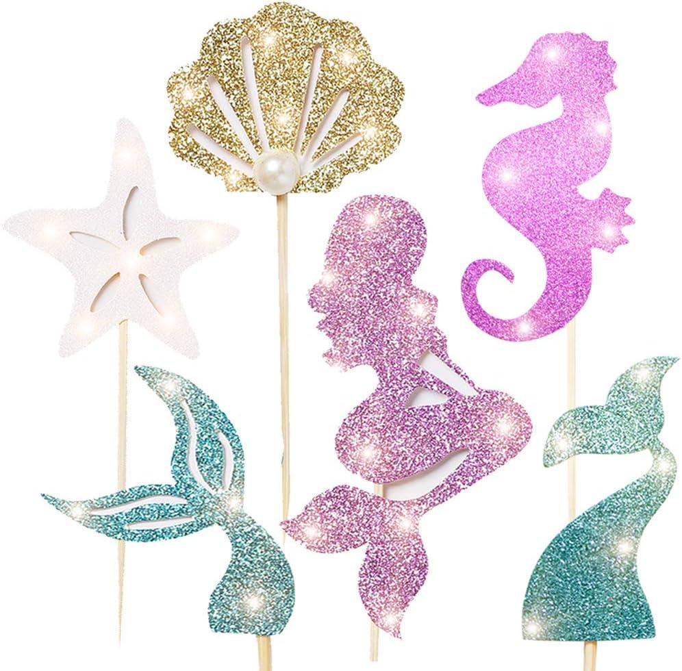 48pcs mermaid Party Decoration Supplies-Adorable Glitter Mermaid Theme Cupcake Topper, Perfect For Birthday Party, Baby Shower, Mermaid Theme Party(mermaid tail, starfish, mermaid, shell)