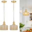 Rustic Pendant Light Set of 2, Brushed Gold Pendant Lights Kitchen Island with Amber Glass Shade, Brass Kitchen Pendant Lighting over Island, Adjustable Hanging Light for Hallway Bathroom Dining Room (6.9in-2pc)