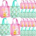Wovnet 30 Pcs Easter Gift Bags Pastel Colors Easter Bunny Goodie Treat Tote Bags with Handle Reusable Non Woven Rabbit Carrots Party Favor Pouch for Spring Party Supplies 10 x 8 x 4in (Pink)