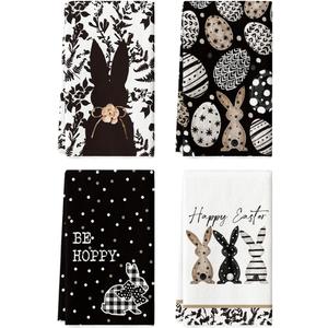 Artoid Mode Black Bunny Eggs Flower Happy Easter Kitchen Towels Dish Towels, 18x26 Inch Spring Farmhouse Leaves Decoration Hand Towels Set of 4 (18" x 26")