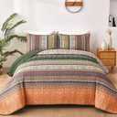 WONGS BEDDING Boho Queen Quilt Set, Green and Orange Bohemian Quilt Bedding Set, Fall Lightweight Bed Decor Bedspread for All Season Reversible Microfiber Coverlet Bedding Set 96"x90"(3 Pieces)