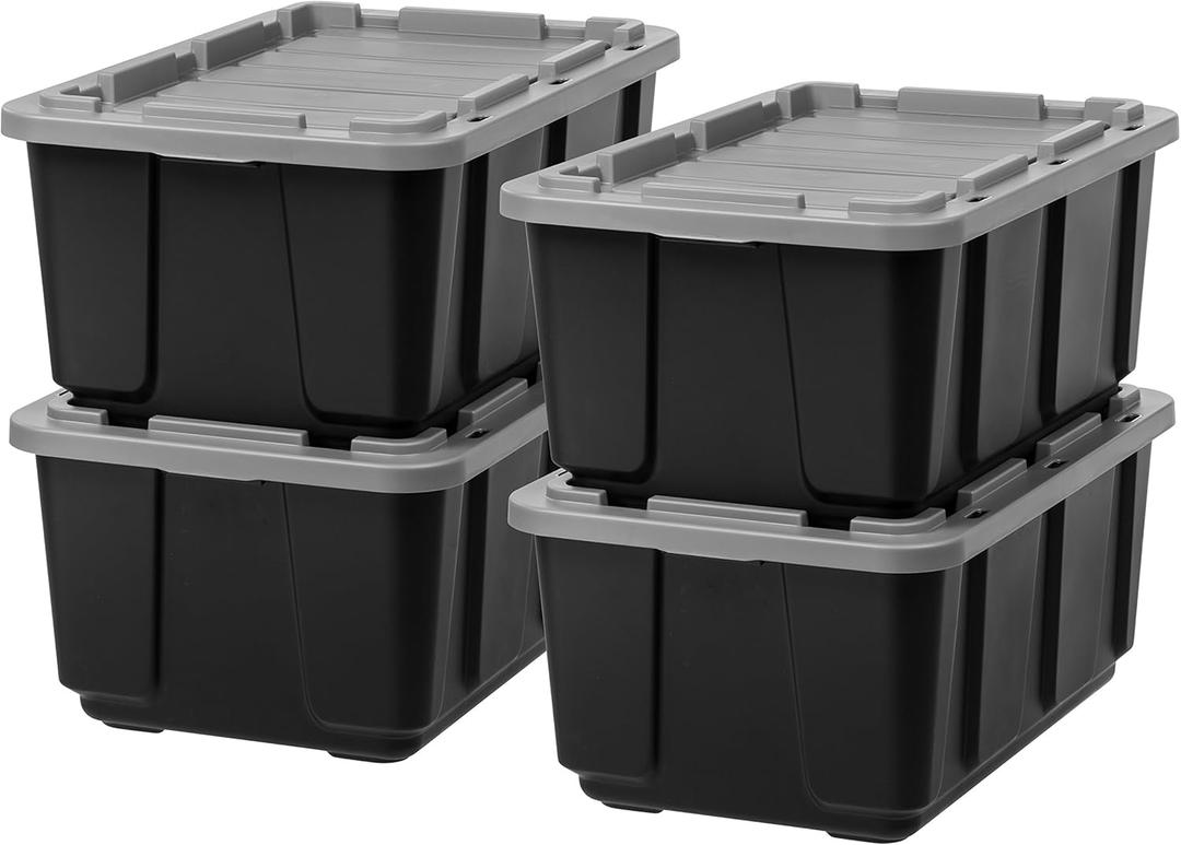 IRIS USA 27 Gallon Heavy Duty Truck Bed Toolbox Storage Tote Bins with Lids, 4 Pack - Made in USA, Tough Snap On Lid Stackable Industrial Rugged Tubs, Garage Organization, Reusable Box - Black/Gray (27 Gal - 4 Pack)