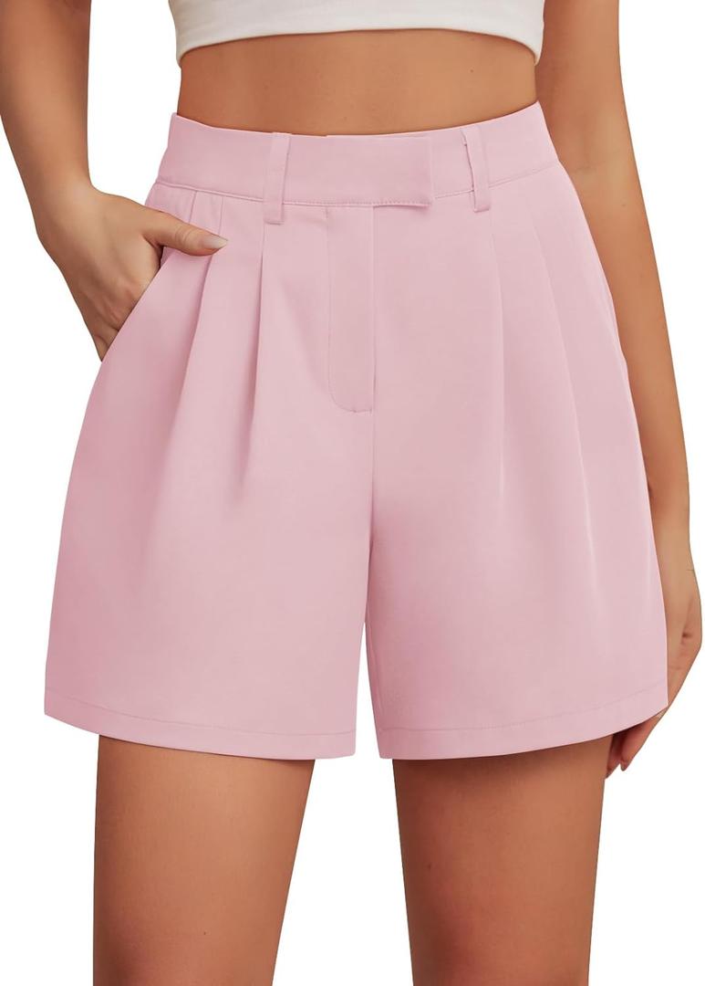 Feiersi Womens Casual Elastic Waist Wide Leg Suit Tailored Shorts Summer Dressy Work Shorts with Pockets (Small, 21 Light Pink)