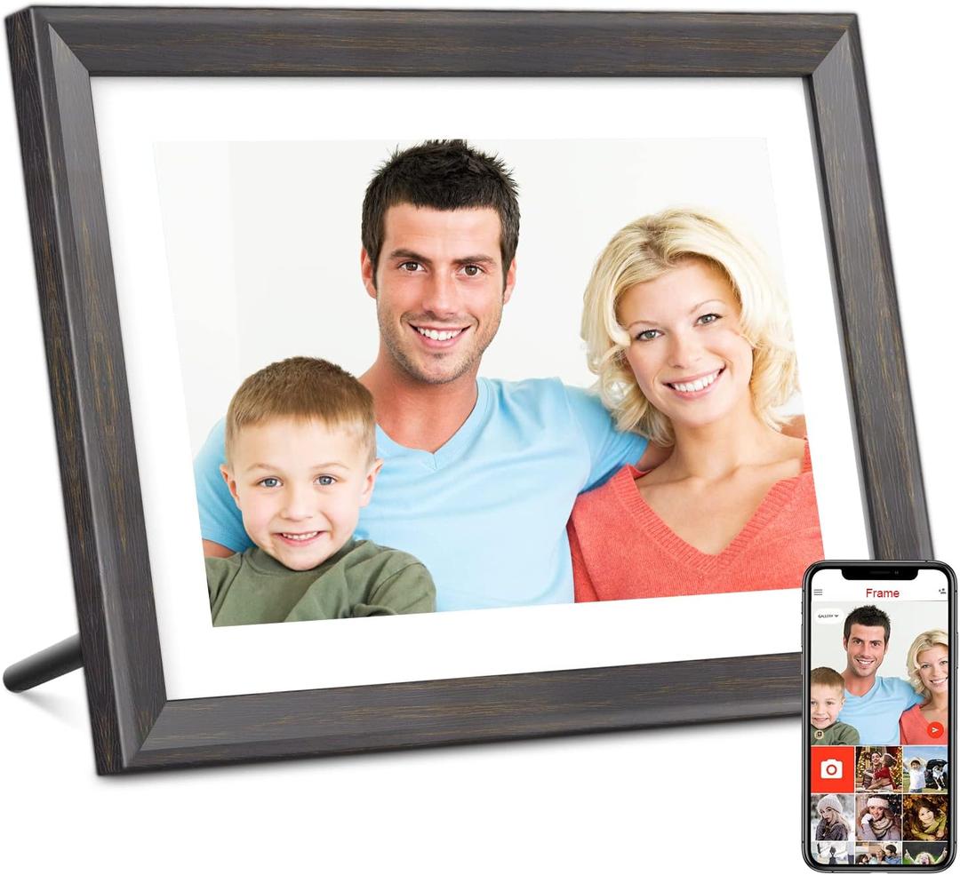 Frameo Digital Picture Frame WiFi 10.1 inch IPS Touch Screen HD Display,16GB Storage, Auto-Rotate,Easy Setup to Share Photos or Videos via Frameo APP (Brown)