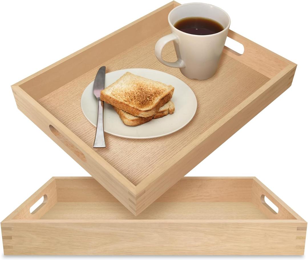 Teak Wood Serving Tray with Handles 17" (Pack of 2) – Decorative Wooden Tray for Breakfast, Lunch, Dinner, Snacks, Coffee Table, Patio, Ottoman, BBQ, Party – Bed, Lap & Couch (2, Natural)