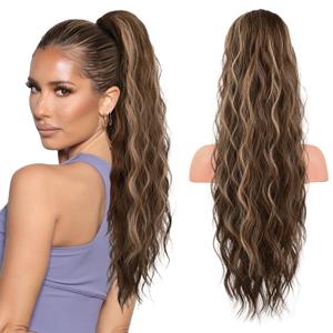FLUFYMOOZ Ponytail Extension, 26 Inch Drawstring Ponytail Hair Extensions for Women Long Curly Wavy Ponytail Natural Synthetic Hairpiece for Women (26" Deep Brown with Dirty Blonde)