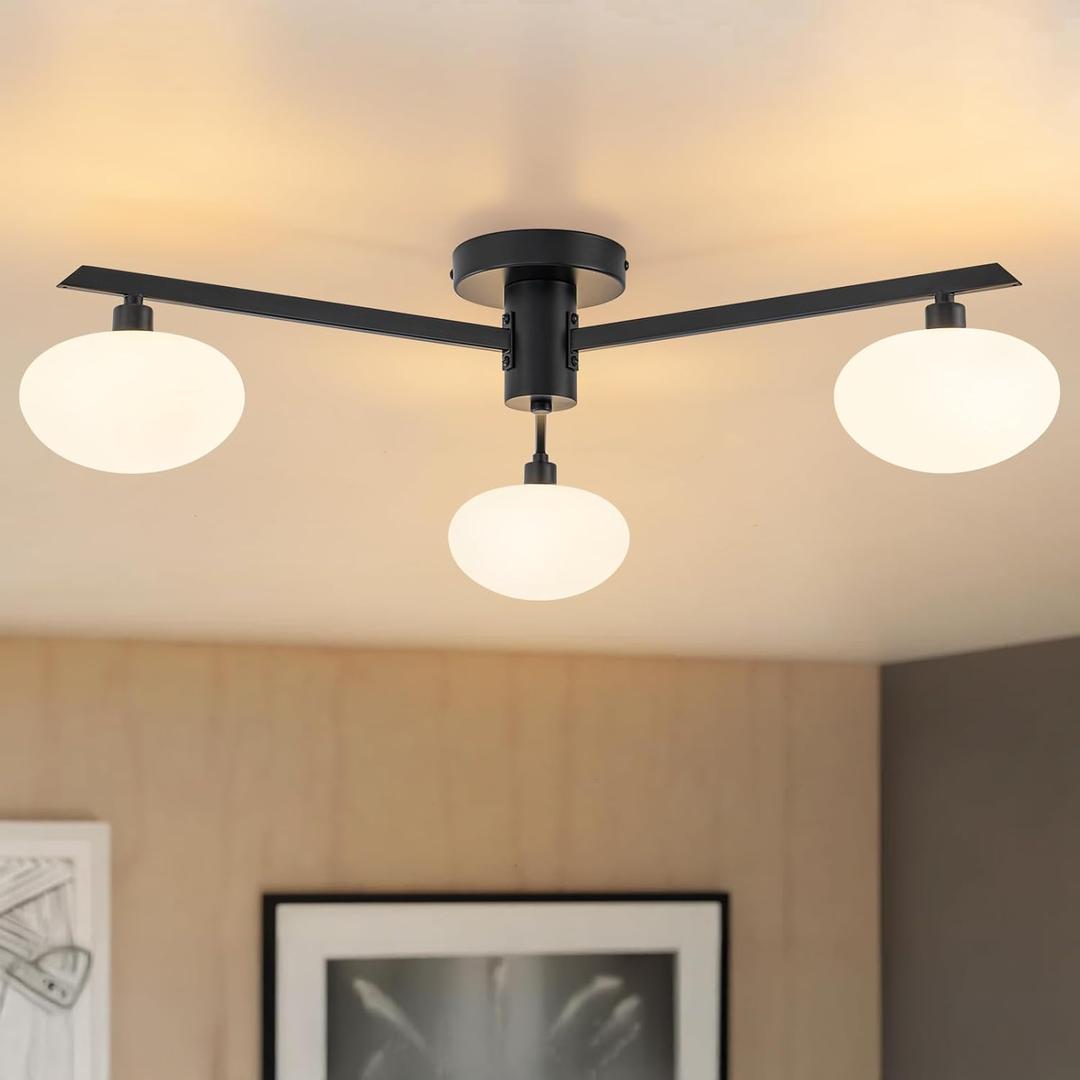 3-Light Mid Century Modern Ceiling Light 22.5" Black Semi Flush Mount Ceiling Light with Milk Glass Shade for Bedroom, Entryway, Hallway, Kitchen lsland, Dining Room & Living Room