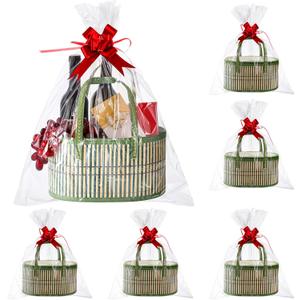 Tioncy 6 Set Baskets for Gifts Empty Bulk Large Woven Bamboo Gift Basket Kit with Handles, Clear Cellophane Wrap Baskets for Valentine's Day, Baby Shower, Birthday Party Gift Bags(Green)