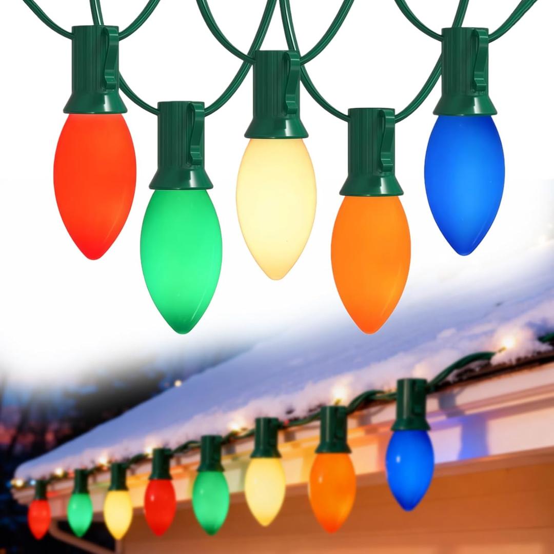 C9 LED Christmas Lights,25FT Vintage C9 Multicolor Christmas Lights Outdoor with 26 Colorful Ceramic LED Bulbs, Connectable Waterproof Light for Outdoor Christmas Decorations Tree Garden Gar