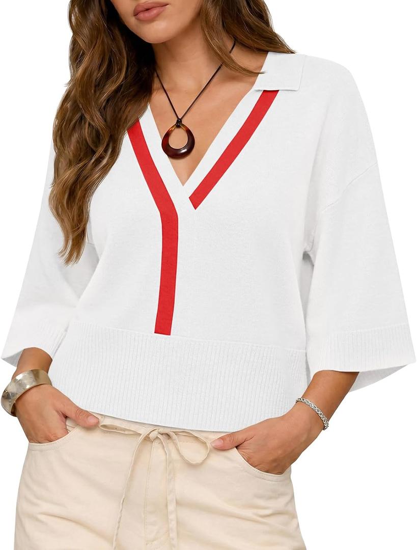 Saodimallsu Womens Short Sleeve Sweater Tops V Neck Collared Oversized Color Block Casual Summer Knit Polo Shirts