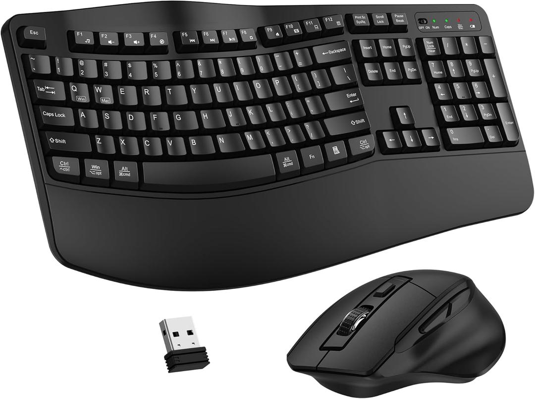 Wireless Keyboard and Mouse Combo, 2.4G Full Size Wave Keys Ergonomic Keyboard with Wrist Rest and 3-Level DPI Adjustable Wireless Ergonomic Mouse for Windows, Mac OS Desktop/Laptop/PC (Black)