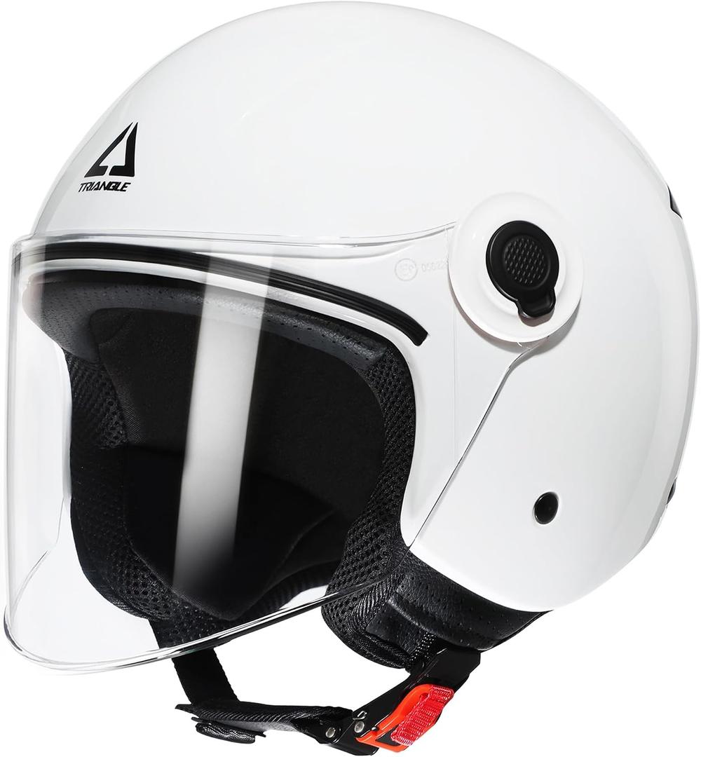 TRIANGLE Open Face Motorcycle Helmet Retro 3/4 Helmets with Clear Visor for Men Women DOT Approved (White, M)