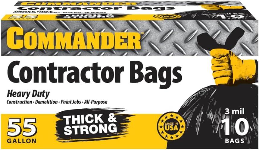 Commander 55 Gallon 3 MIL (eq) Heavy Duty Contractor Bags with Flap Ties - 36" x 56" with flaps - Pack of 10 - For Contractor, Industrial, & Outdoor