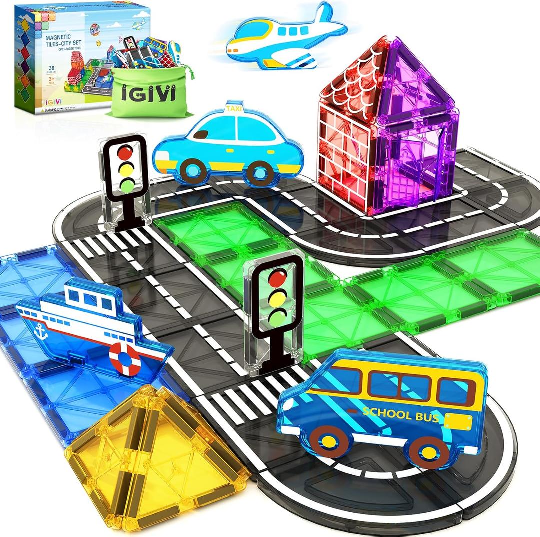 38PCS Magnetic Tiles Road Set, Magnetic Building Blocks for Toddlers, STEM Construction Toys for Kids Ages 3+, Gifts Toys for Boys & Girls