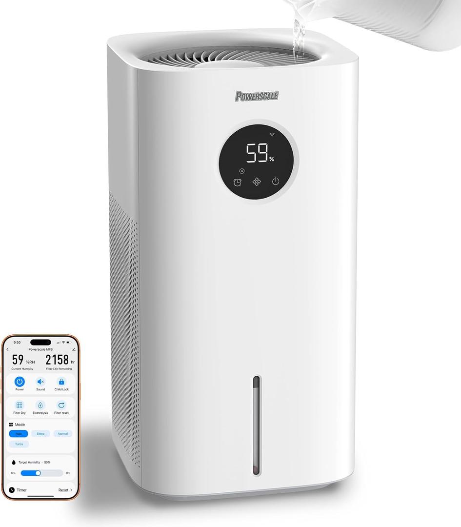 Powerscale MF6 Evaporative Humidifier for Bedroom & Large Room, No White Dust, 1.8 Gal / 6L Top-Fill Tank, Mist-Free 700mL/h, Quiet, Filter Dry Function, Electrolysis Self-Clean Cycle, WiFi Control