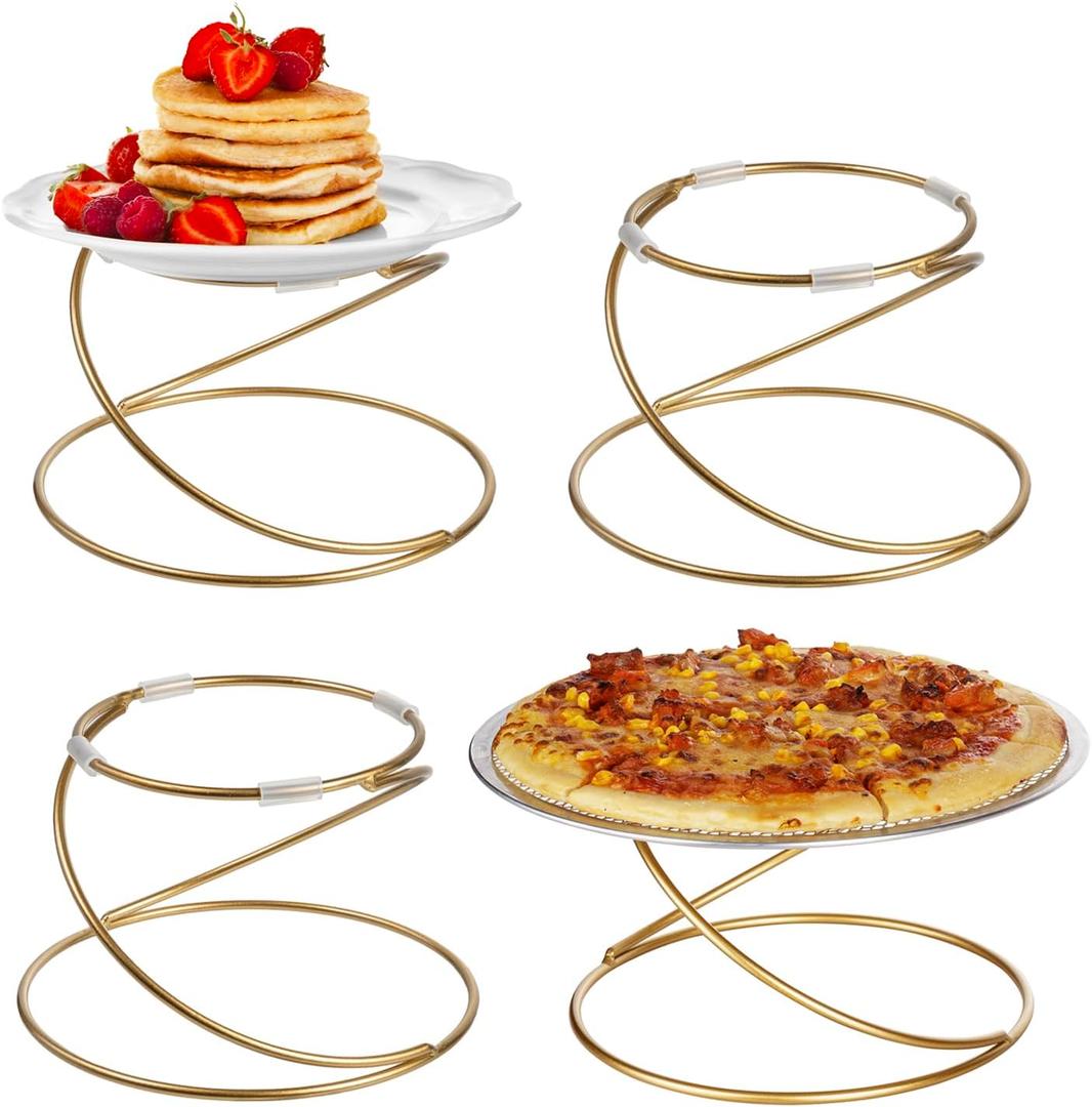 MyGift Modern Gold Tone Metal Wire Spiral Pizza Pan Pedestals, Tabletop Serving Platter Riser Stands, Food Dish Rests or Dessert Tray Display Racks, Set of 4