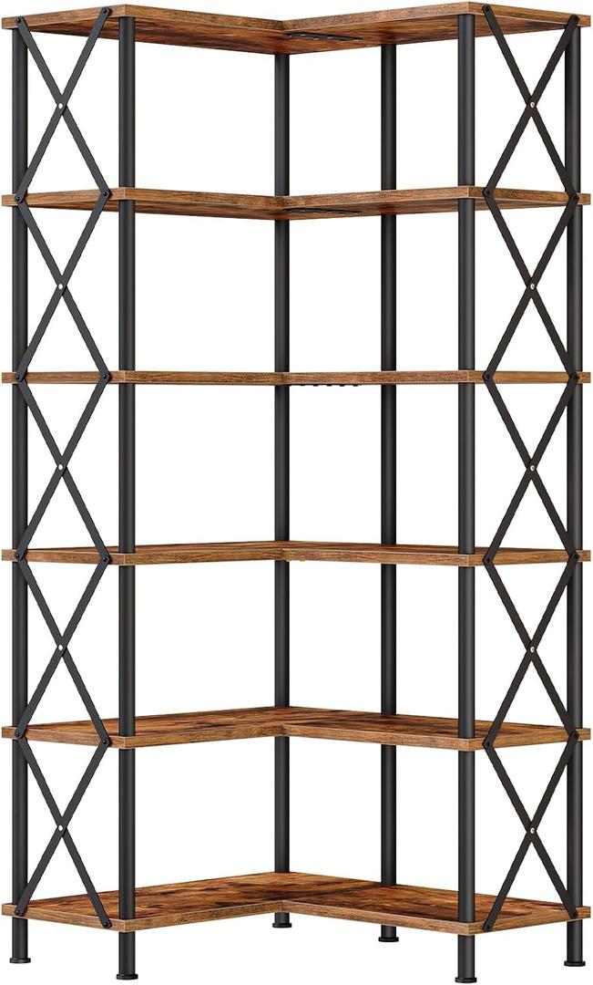 HOOBRO Corner Bookshelf, 6-Tier L-Shaped Bookcase, Industrial Open Display Shelf Tall Storage Organizer, Vertical Storage Rack, for Living Room, Home Office, Rustic Brown and Black