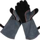 OZERO 932 Grill BBQ Gloves 16-inch Heat Resistant Leather Forge Welding Glove with Flame Retardant Long Sleeve and Insulated Lining for Men and Women Black-gray