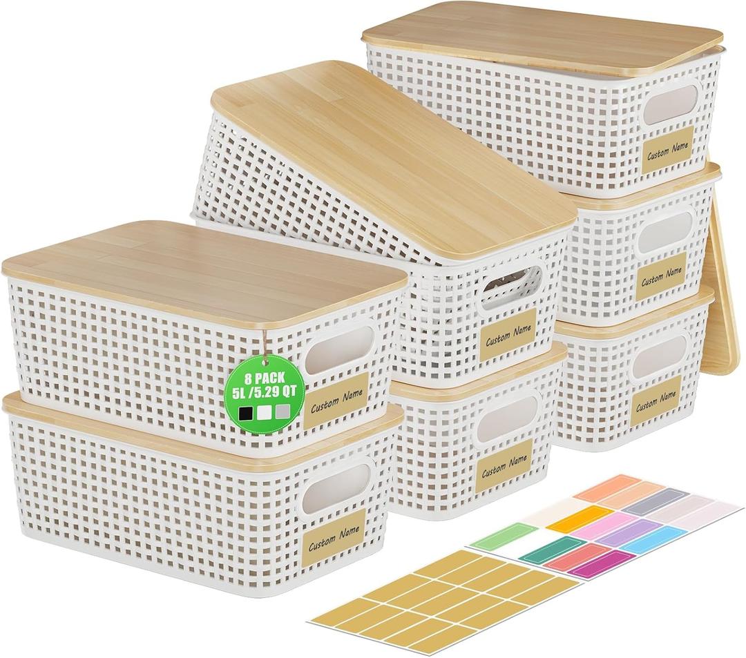 8 Pack Plastic Storage Bins with Bamboo Lids - Stackable Storage Baskets with Lids for Pantry Organizer and Storage, Small Plastic Stackable Storage Bins for Shelves, Office, Cabinet &Pantry,Nursery