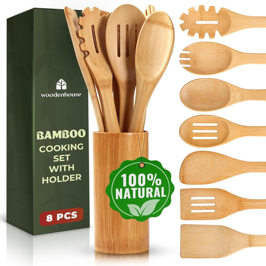 Bamboo Utensils 7 PCs with Holder  Bamboo Cooking Utensils Set + Holder for Nonstick  Wooden Spoon Sets for Cooking  Easy to Clean, Sturdy, Lightweight & Heat Resistant
