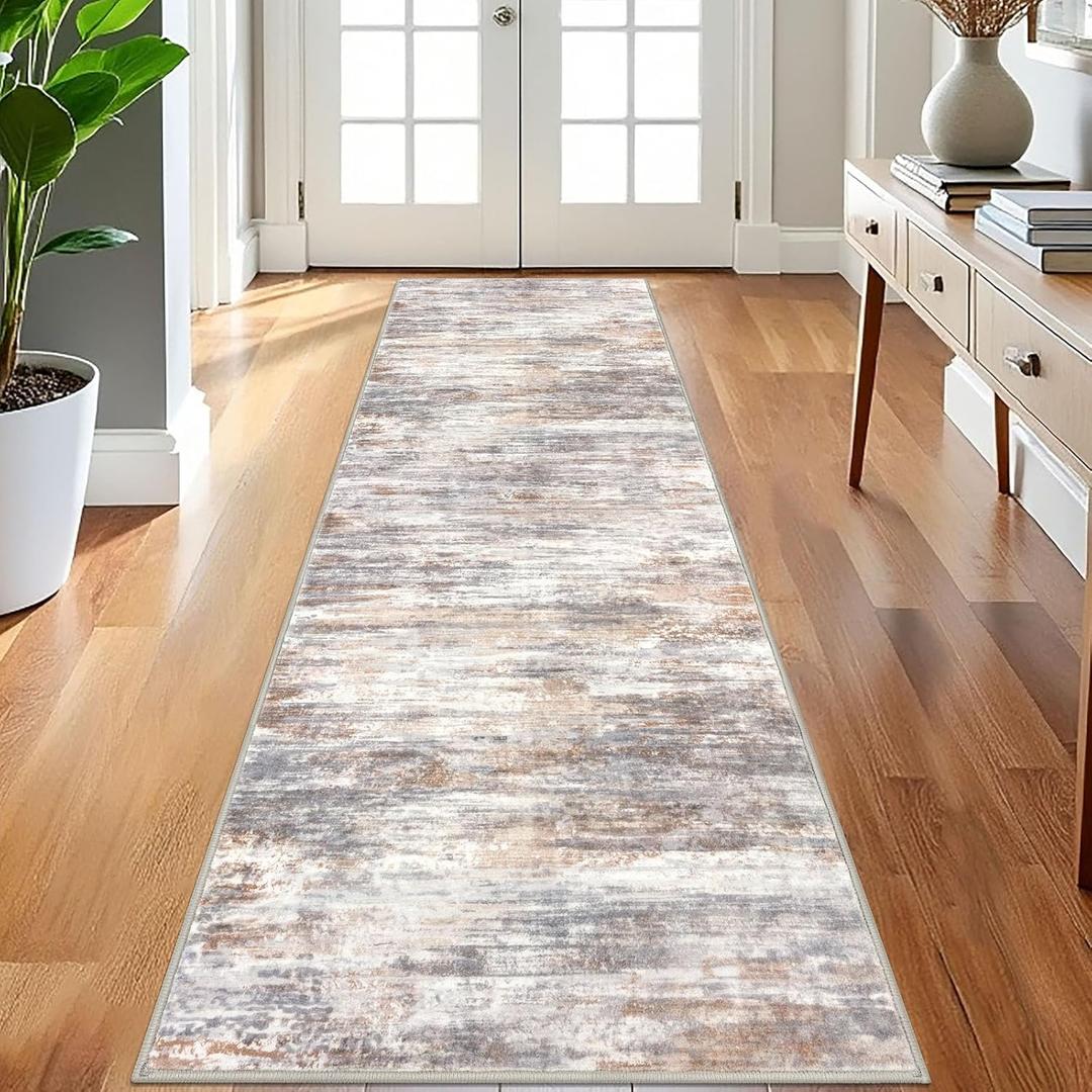 KOZYFLY 3x8 Ft Rug Modern Ombre Runner Rug for Hallway, Washable Kitchen Rugs Non-Slip Soft Striped Entryway Rug, Print Multi Grey Abstract Carpet for Laundry Nursery