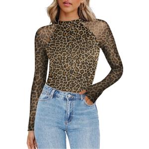 Zeagoo Long Sleeve Shirts for Women Floral Mesh Sheer Top Mock Neck Double Lined Fitted Going Out Blouses (L)