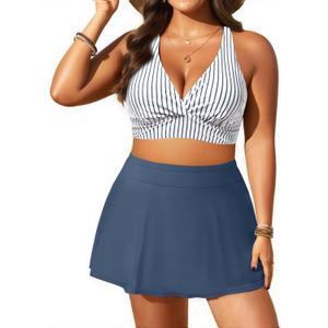 Yonique Women's Plus Size High Waisted Bikini - Two Piece Swimsuit with Skirt 2025 Tummy Control Bathing Suit with Pocket Striped and Blue, 14W