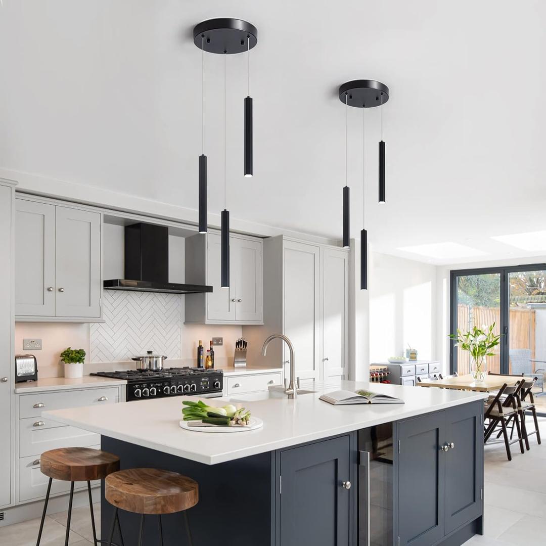 Modern Pendant 3 Light with Adjustable Height - Acrylic Shades & Matte Black Finish Pendant Light, 3000-6000K Dimmable Kitchen Pendant Lighting for Kitchen Island, Dining Room, Bar Counter