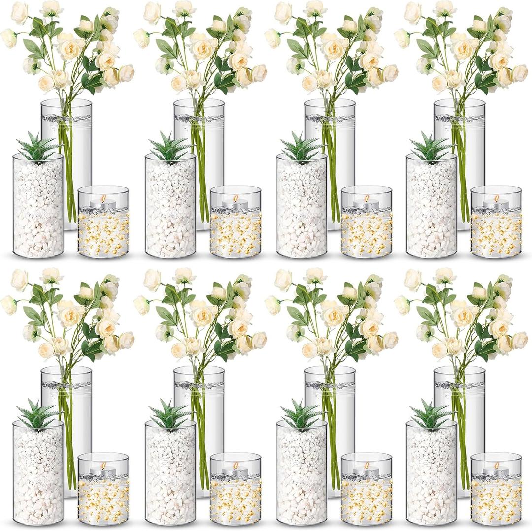 Nuogo 24 Pcs Plastic Cylinder Vases Tall Plastic Flower Vases for Centerpieces Hurricane Candle Holder for Home Wedding Office Party Formal Dinners Decorations (4''/6''/8'')