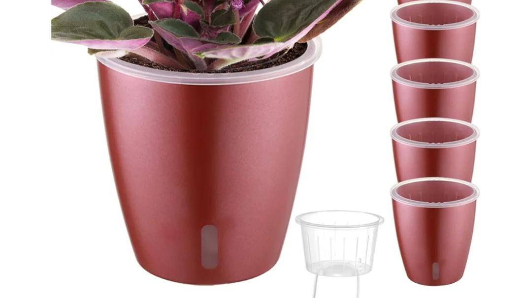 Self Watering Pots for Indoor Plants, 4-Pack 5'' Self Watering Planter with Drainage Holes, Small African Violet Pots with Water Indicator, Clear Wick Orchid Pot, Rose Gold