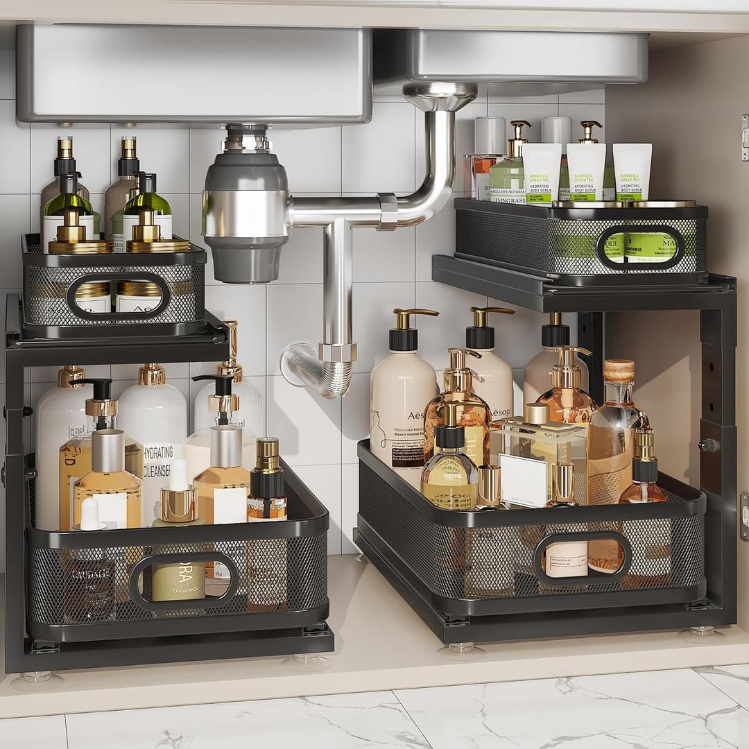Corbyles 2 Pack Under Sink Organizer With Next-Gen Ball-Bearing Slides, 2-Tier Precision Mesh Pull Out Cabinet Shelf Storage for Bathroom & Kitchen, Slide Out Drawers Height Adjustable, Rust-resistant (Black)