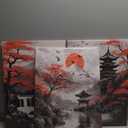 PBXBJY Japanese Canvas Wall Art 3 Pieces Japanese Landscape Painting Prints Red and Black Cherry Blossom Trees Building Pictures Living Room Office Decor Frame (16x24inchx3Pcs)