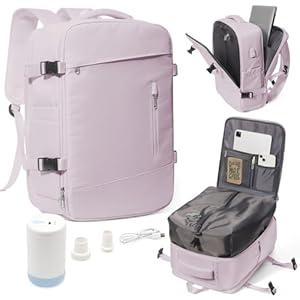 Large Vacuum Travel Backpack Women With Pump Carry On Airline Flight Approved Expandable Work Personal Item size Compression Backpack Bag Laptop compartment College Men Waterproof LotusPink