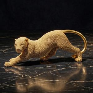 Leopard Statue Home Decor - 15 Inch Gold Cheetah Figurine & Animal Sculpture for Living Room, Shelf, Office - Handcrafted Beaded Modern Table Centerpiece (Gold/Silver)
