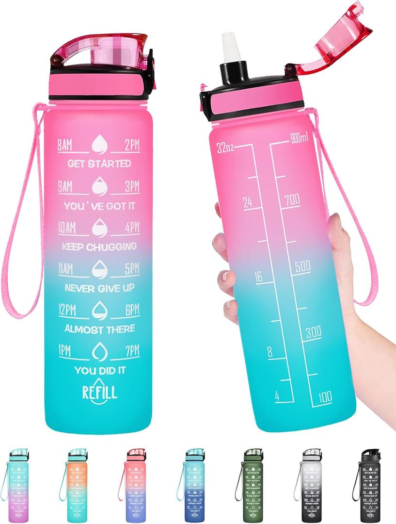 Enerbone Water Bottle, Leakproof BPA & Toxic Free, Motivational Water Bottle with Times to Drink and Straw, Fitness Sports Water Bottle with Strap for Office, Gym, Outdoor Sports (32 Ounces, Pink-Green)