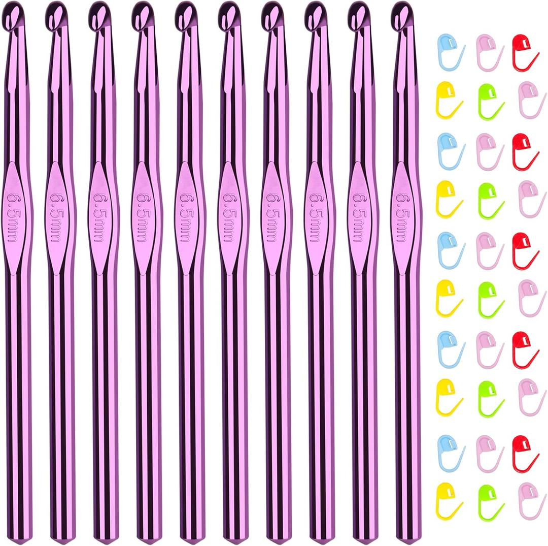 Aeelike 10pcs Size K / 6.5mm Crochet Hooks,Aluminum Crochet Needles and 30pcs Stitch Markers for Beginner and Advanced, Crocheter Hook Set for Learning How to Crochet