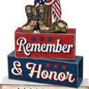 Yuntau 4 Pcs Memorial Day Table Decor Patriotic 4th of July Tiered Tray Decor Remember Honor Our Heroes Wooden Sign Red White Blue Table Centerpiece for Home Office Desk 250th Anniversary Decorations