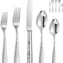 KEAWELL Premium 20/45/65 Piece Louise Hammered Silverware Set with Round Edge, 18/10 Stainless Steel, Service for 4/8/12, Fine Flatware Set, Dishwasher Safe (45)