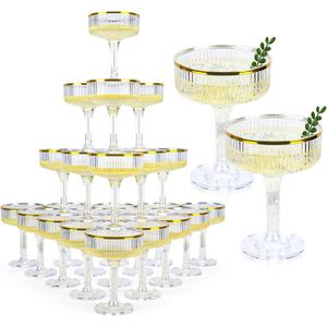 48 Pack Clear Champagne Tower Glasses 7 Oz Champagne Flutes Plastic Champagne Coupe Glasses With Gold Rim Disposable Martini Glass Stackable Stemmed Coupe Glass for Weddings Birthday Party(48, Clear)