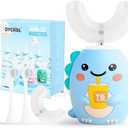 Kids U Shaped Electric Toothbrush with 4 Brush Heads, Sonic Toothbrush Kids with 5 Modes, Cartoon Dinosaur 360-Degree Cleaning IPX7 Waterproof Design (6-12 Age (Blue))