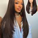 Brown Highlight U Part Wig for Black Women Layered Yaki Straight V Part Wig Synthetic Half Wigs Glueless Realistic Pull and Go Beginner Friendly for Daily Party Use, 24inch,Highlight Brown 