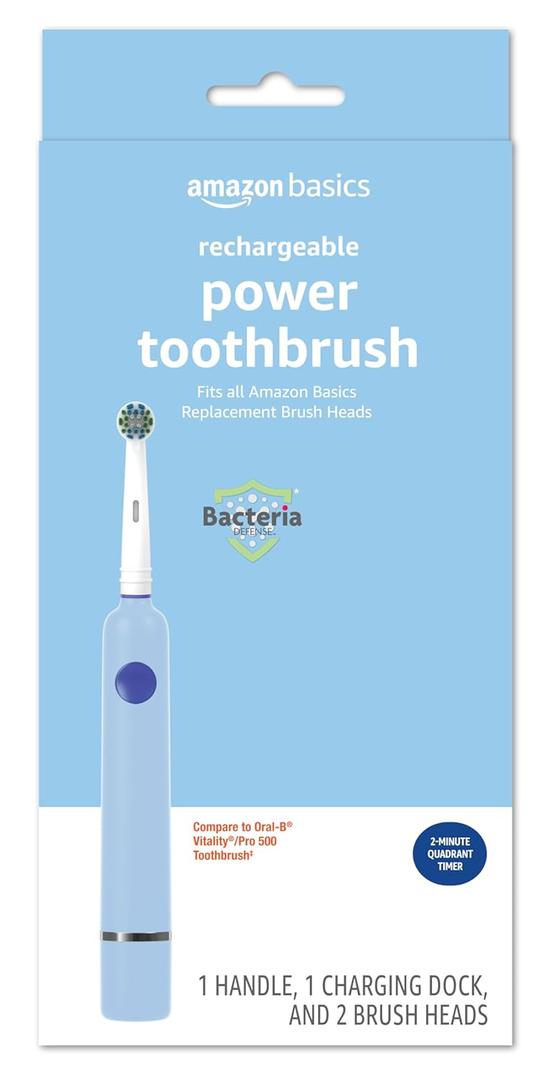 Amazon Basics Power Rechargeable Electric Toothbrush with EasyFlex Brush Heads, Bacteria Defense and Replace-Me Bristles, 2-Minute Quadrant Timer