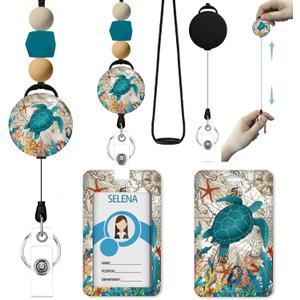 Stylish ID Badge Holder with Lanyard - Retractable Teacher Lanyard for Women, Silicone Beaded Keychain for Teachers, Office & School Supplies (Sea Turtle Beach Design)