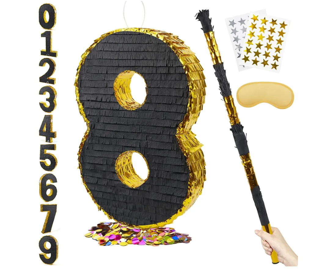 PCFING 20 Inch Number 8 Piñata Gold Black with 30 Inch Piñata Stick Blindfold Confetti for Man Women Kids Birthday Party Decorations, Anniversary Celebration, Fiesta