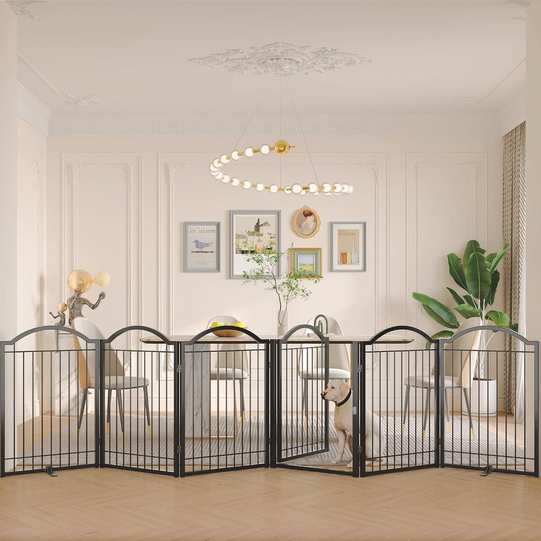 BHG Metal No-Assembly Freestanding Dog Gate with Door Walk Through, Extra Wide 144", Extra Tall 32" Pet Gate, Accordion Puppy Folding Playpen Dog Fence, with 2PCS Support (Black, 6 panesl)