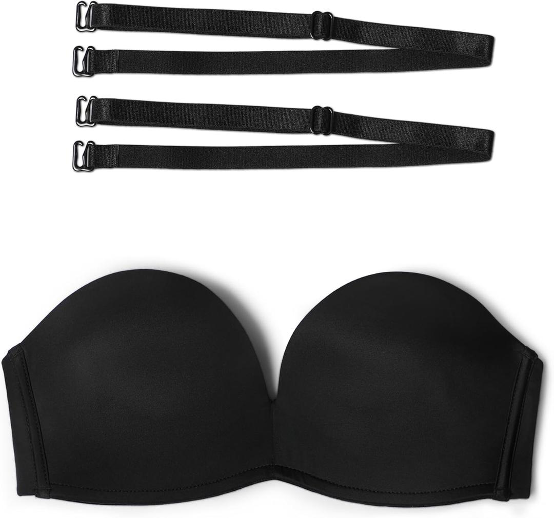 zossav Women Strapless Bra Push Up Wirefree Non-Slip Padded Bras Multiway Bandeau Convertible Straps 36A Black