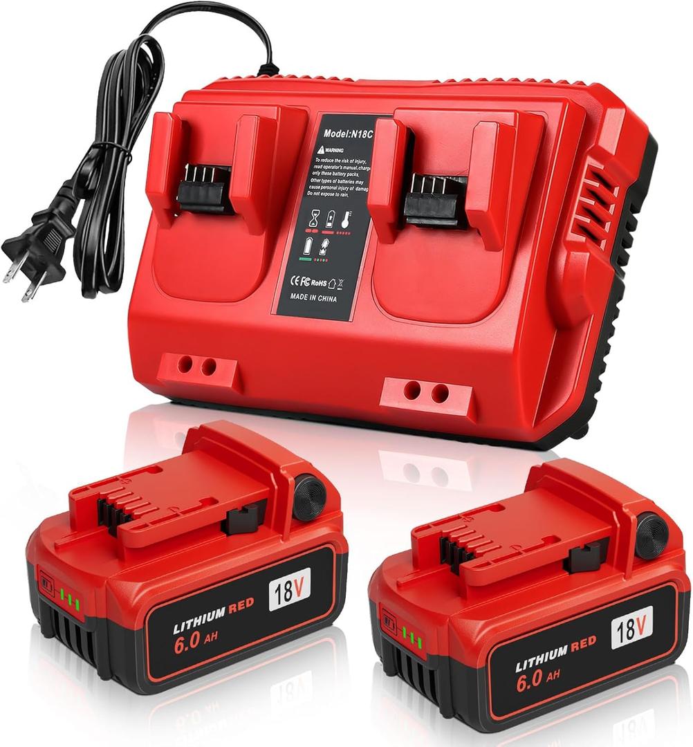 Upgraded 18V 6.0Ah Batteries Replacement for Milwaukee M-18 Battery 2Pack and 1 Charger Set(2-Port) (Red)